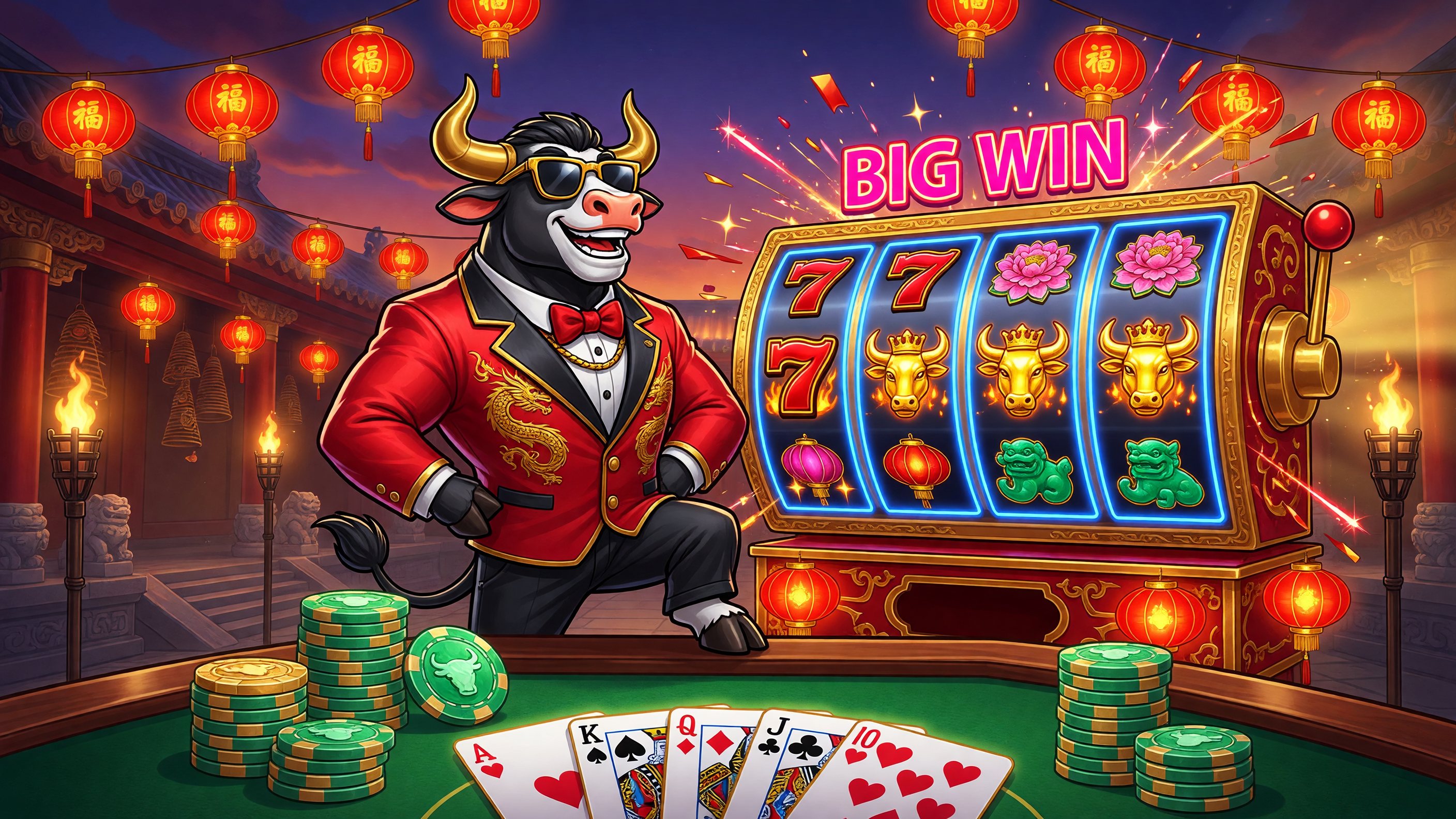 The Lucky Ox, Cavendrix's golden mascot, in a tailored red jacket amid festival lanterns